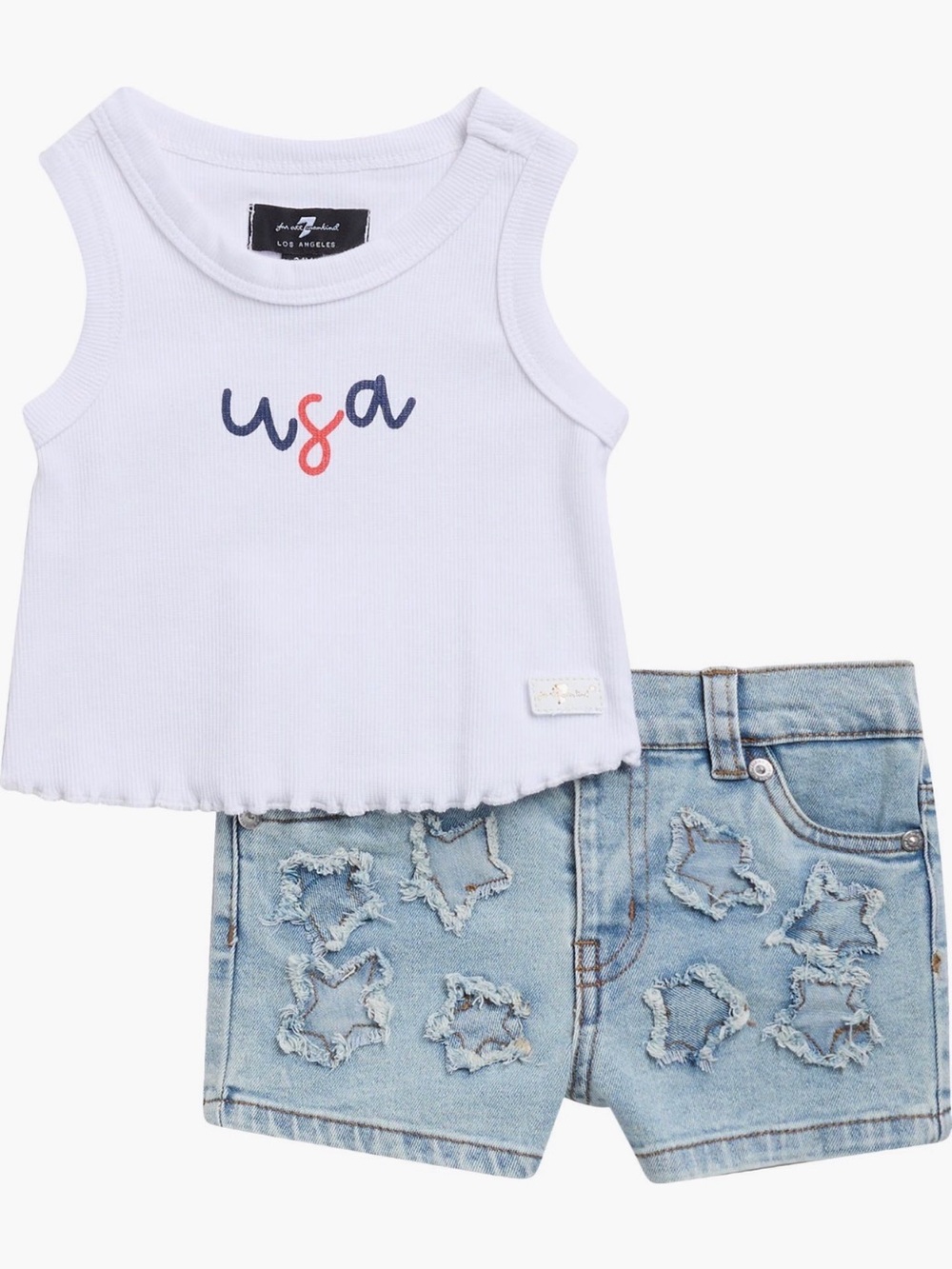 7 For All Mankind Kids White Tank + Light Blue Distressed Denim Shorts Set